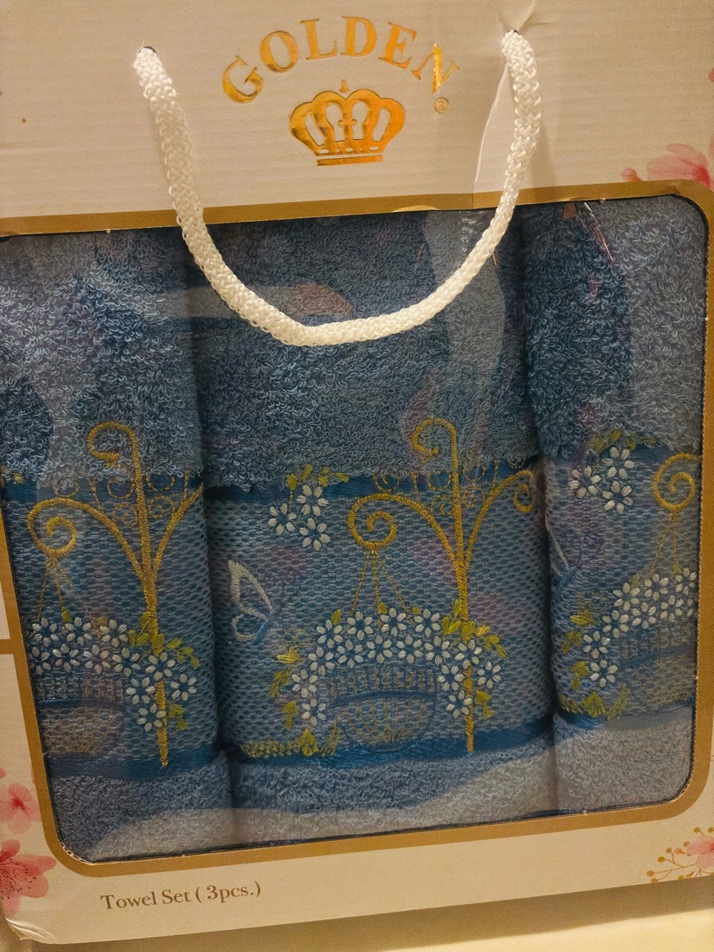 Blue Floral Embroidered Towel Set (3 pcs)